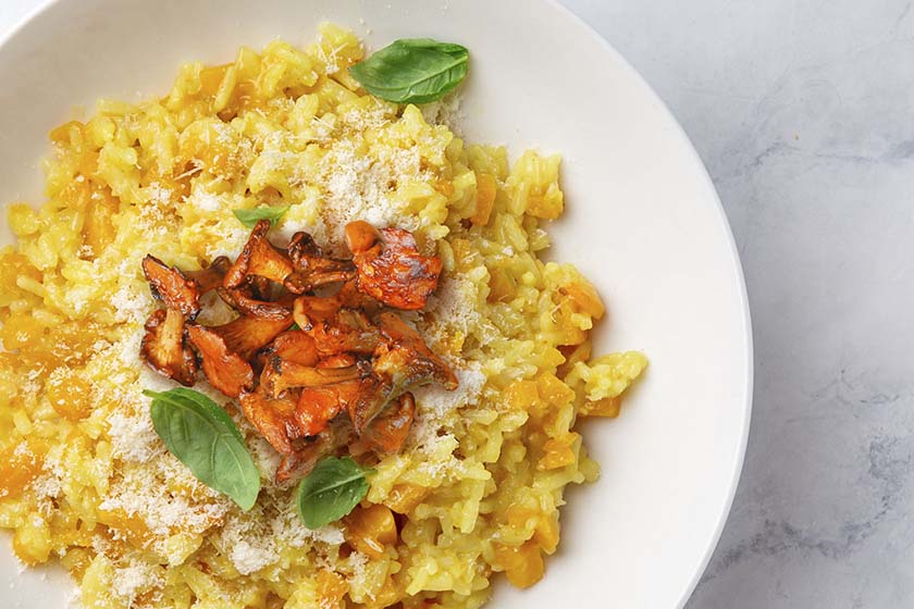 Butternut squash risotto with pancetta and chanterelles