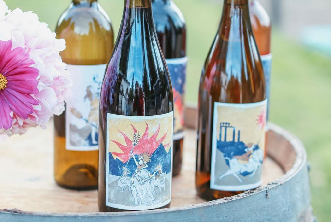Florence Cellars wine bottle labels depict the story of a "day in the life" of an ancient woman warrior.