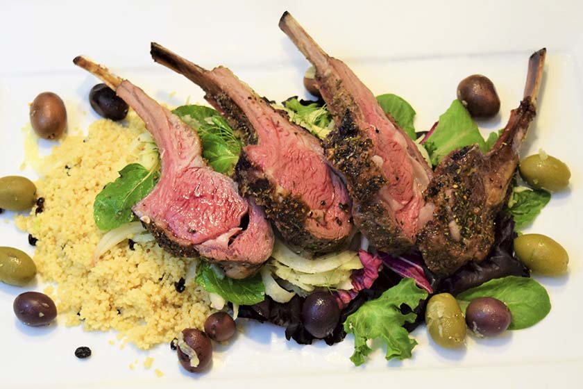 Oven-roasted lamb rack salad with couscous, fennel, mint, and tomatoes
