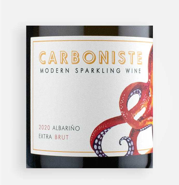 Front label close-up of Carboniste 2020 Octopus Sparkling Albariño wine from California's Napa Valley