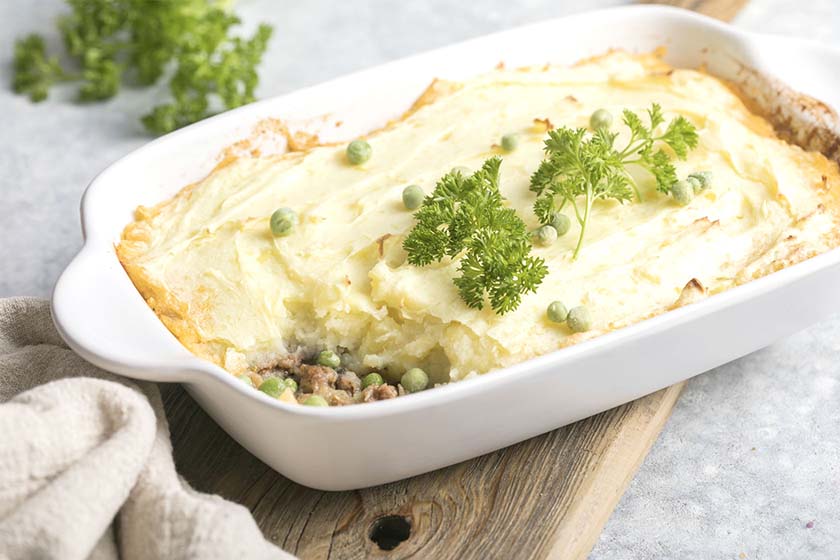 Savory Shepherds meat pie with creamy mashed potato topping