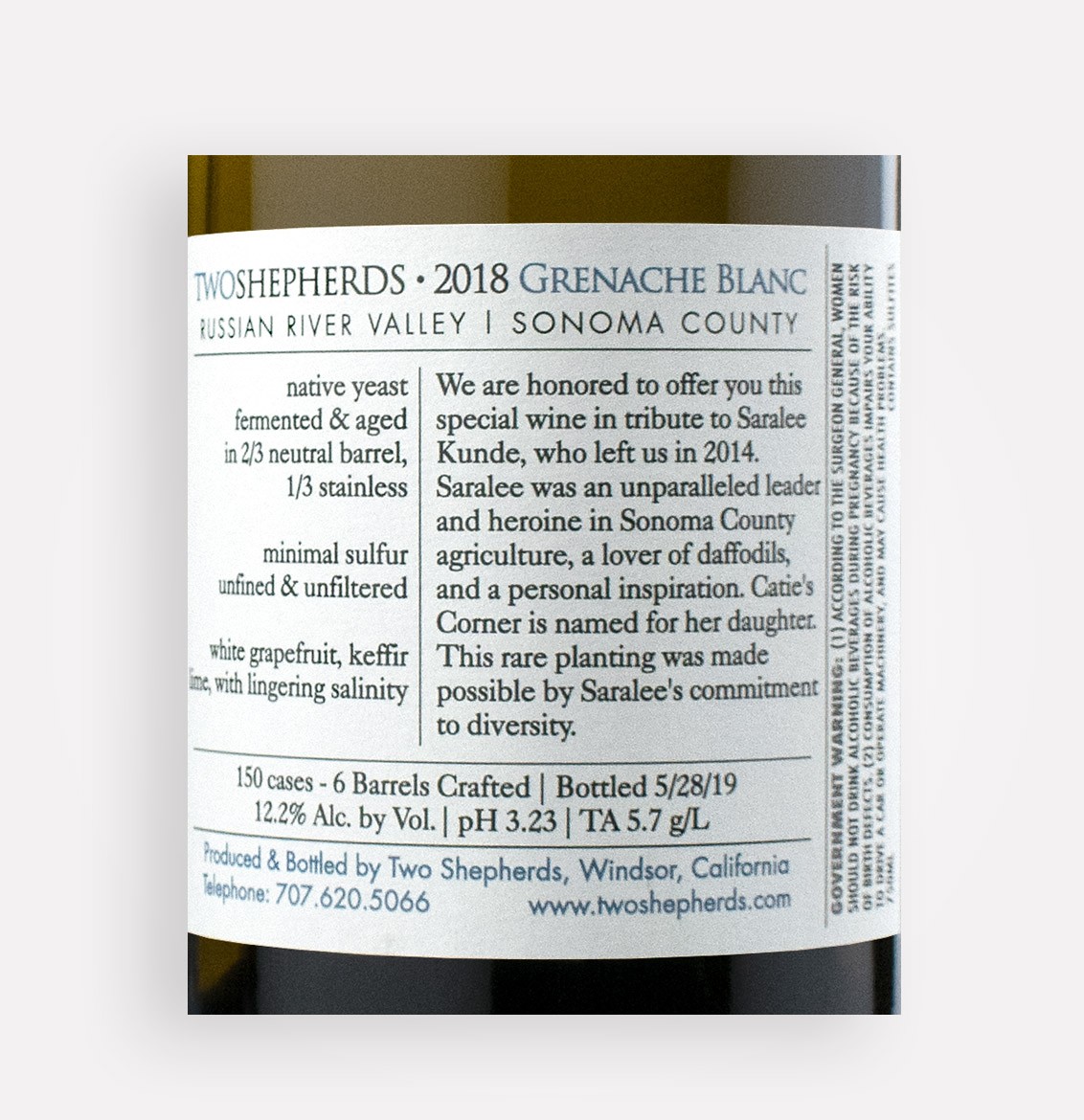 Back label close-up Two Shepherds 2018 Grenache Blanc wine from California's Sonoma County