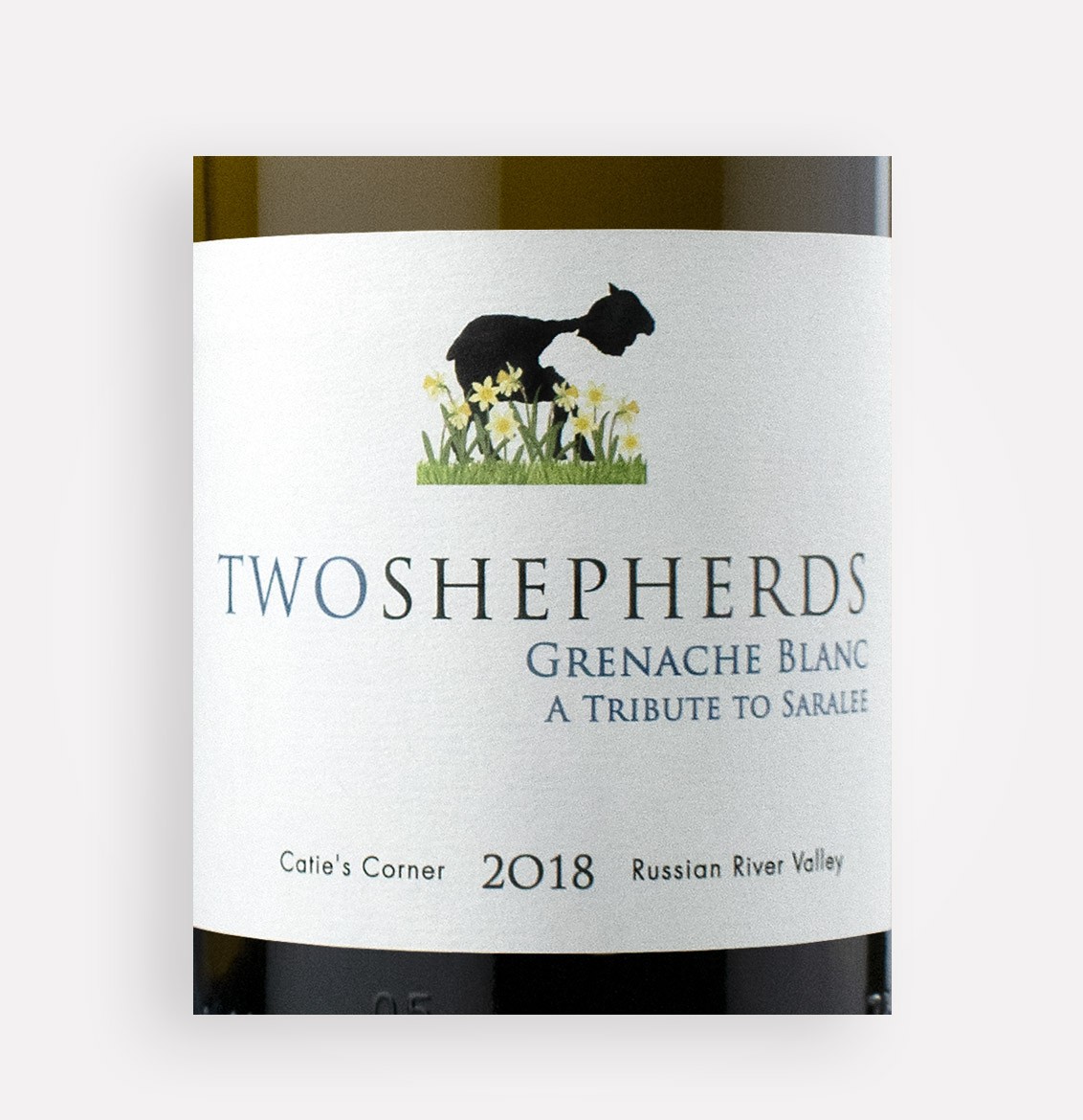 Front label close-up Two Shepherds 2018 Grenache Blanc wine from California's Sonoma County