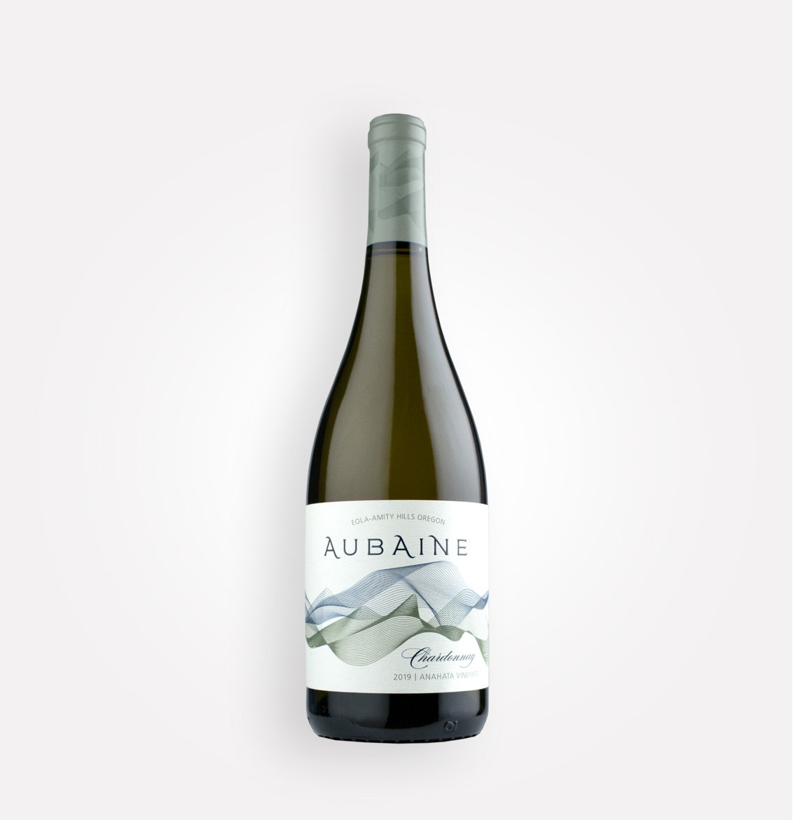 Bottle of Aubaine 2019 Chardonnay wine from Oregon's Eola-Amity Hills
