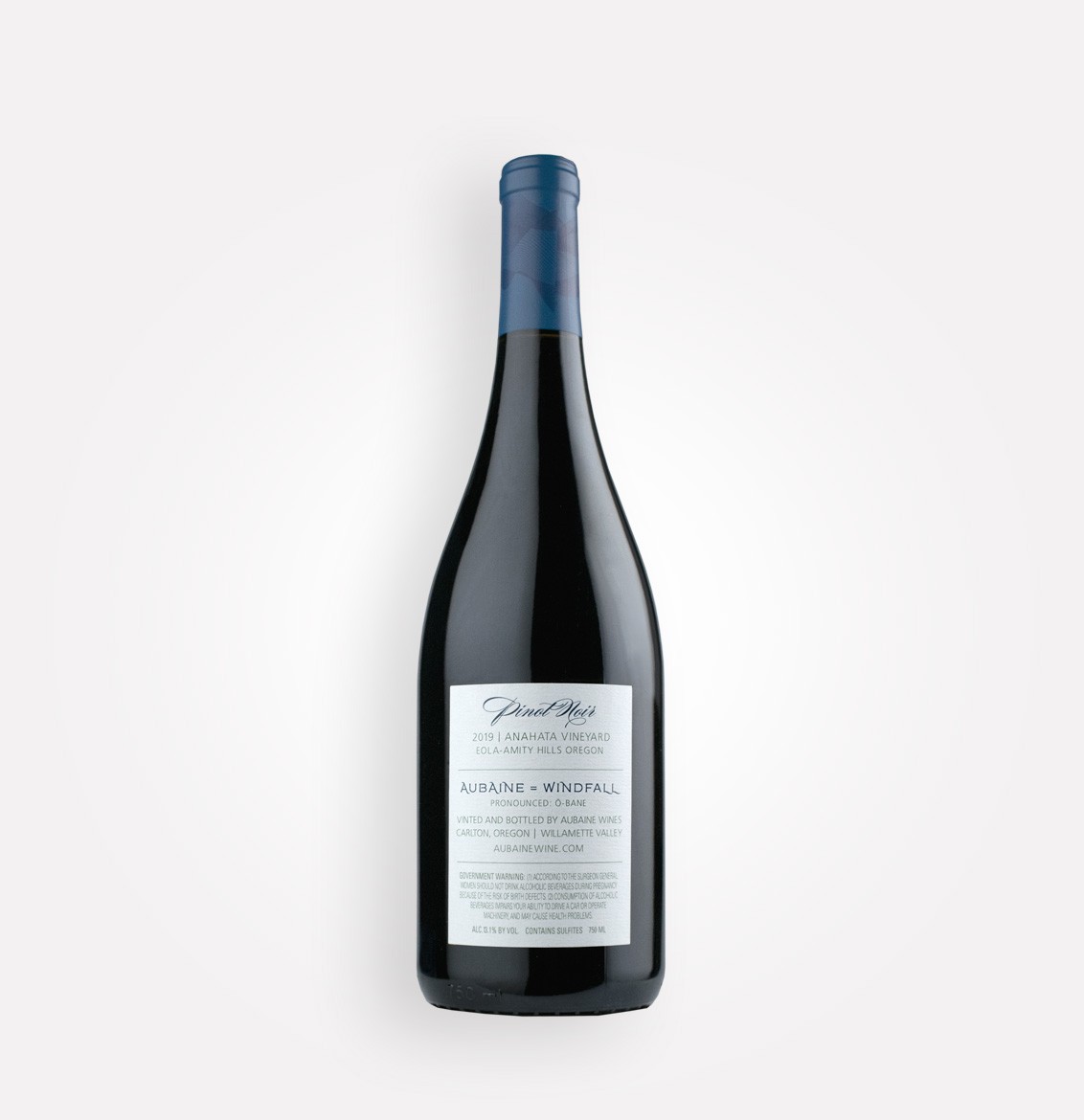 Back bottle view of Aubaine 2019 Pinot Noir wine from Oregon's Eola-Amity Hills