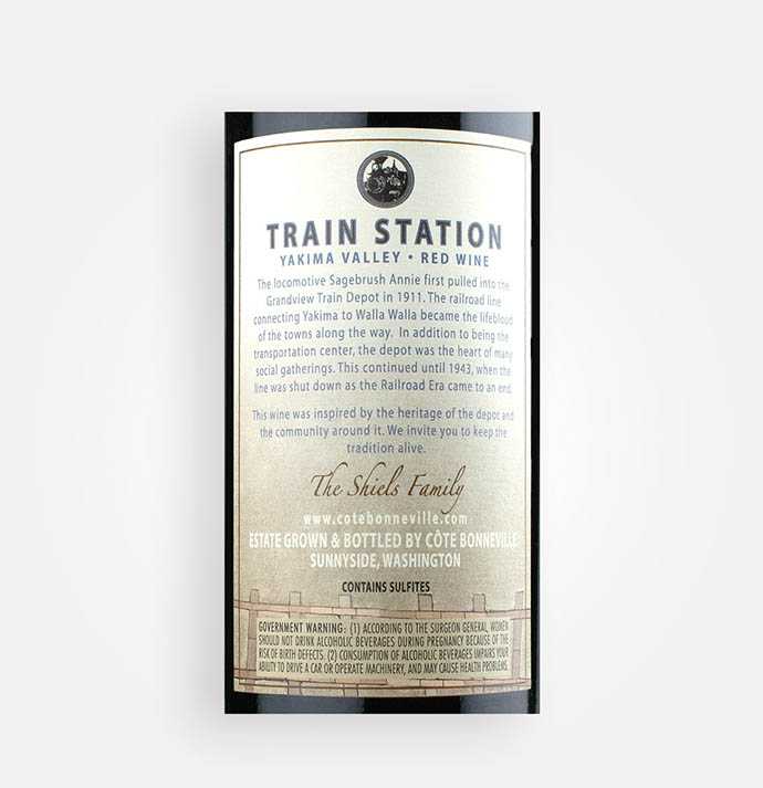 Back label close-up of Côte Bonneville 2018 Train Station Red Wine from Washington's Yakima Valley