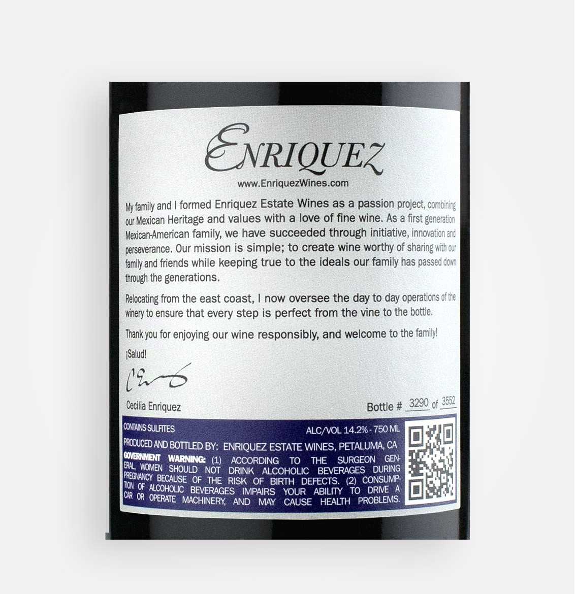 Back label close-up of Enriquez 2012 Pinot Noir Mani's Vintage wine from California’s Sonoma Coast