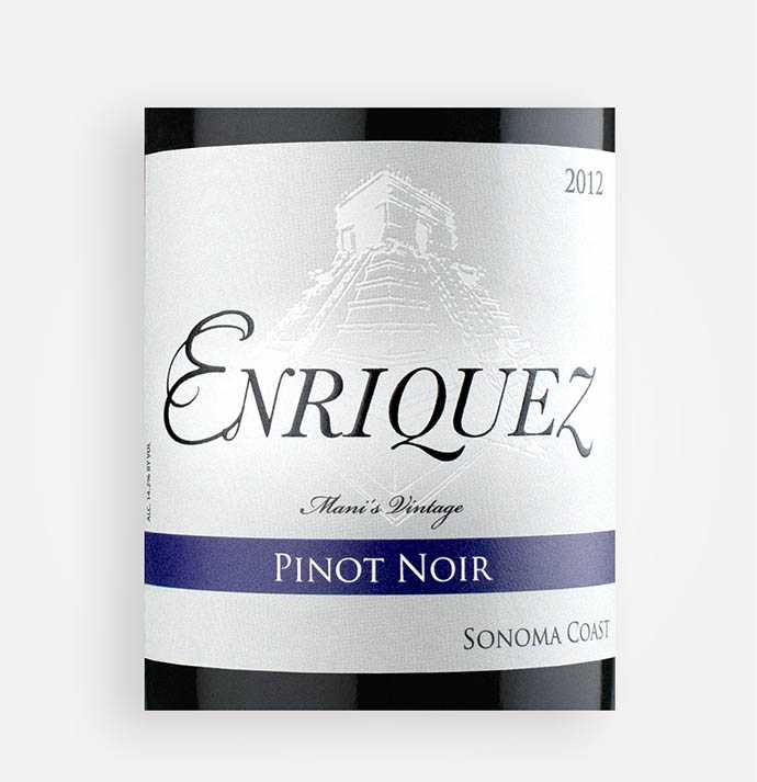Front label close-up of Enriquez 2012 Pinot Noir Mani's Vintage wine from California’s Sonoma Coast