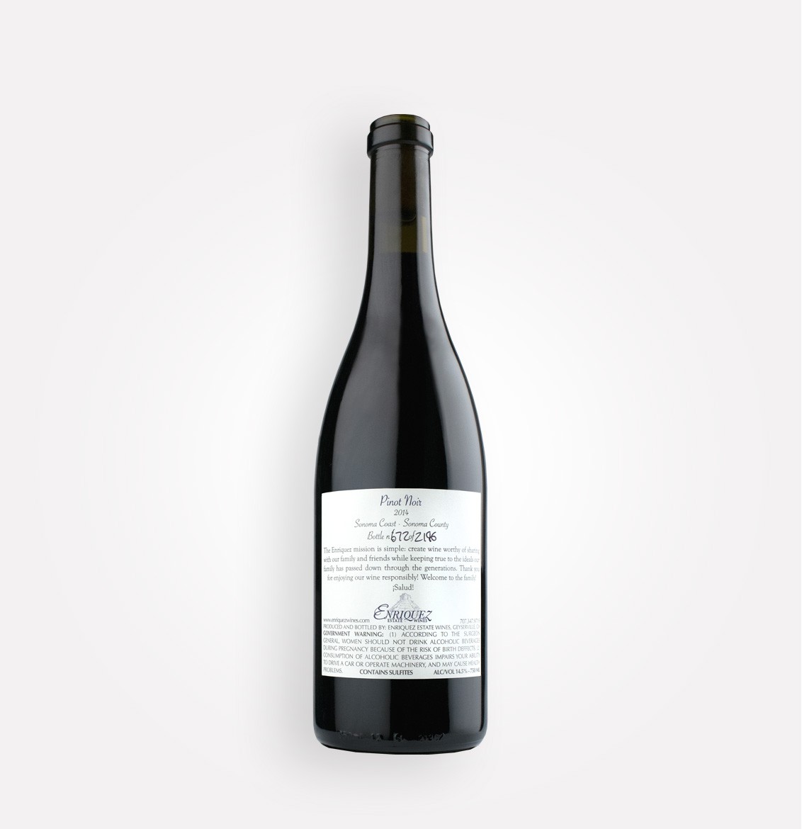 Back bottle view of Enriquez 2014 Pinot Noir wine from California’s Sonoma Coast