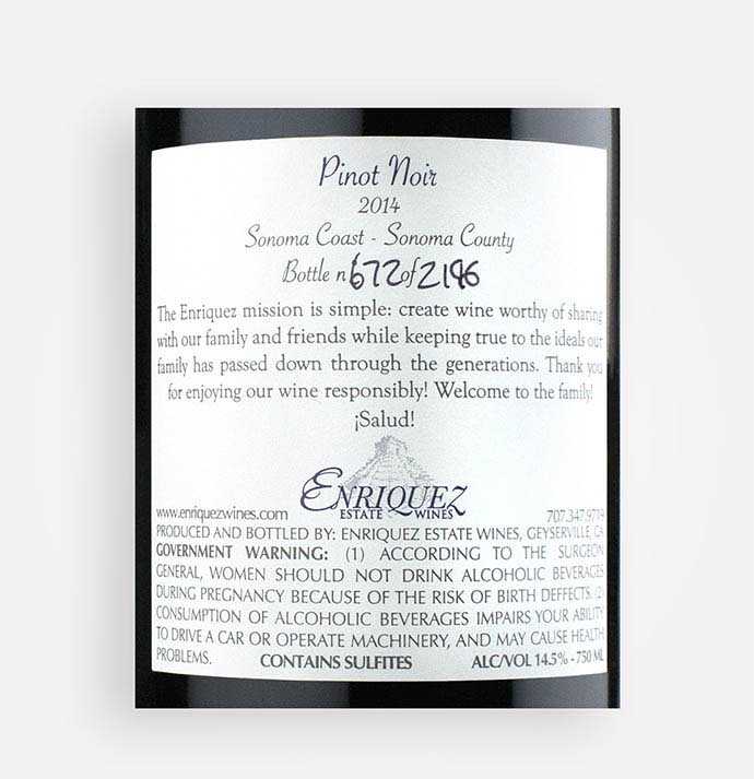 Back label close-up of Enriquez 2014 Pinot Noir wine from California’s Sonoma Coast