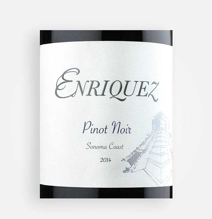 Front label close-up of Enriquez 2014 Pinot Noir wine from California’s Sonoma Coast