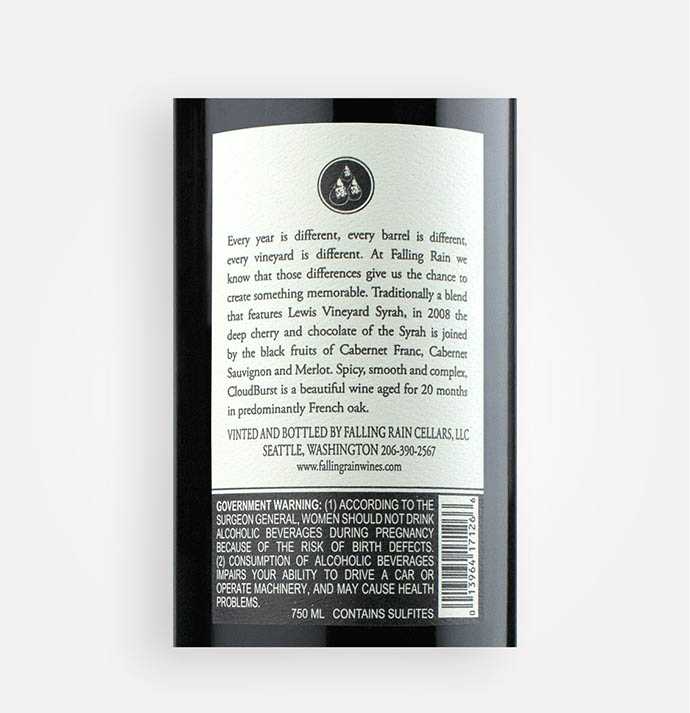 Back label close-up of Falling Rain 2008 Cloudburst red wine blend from Washington's Columbia Valley