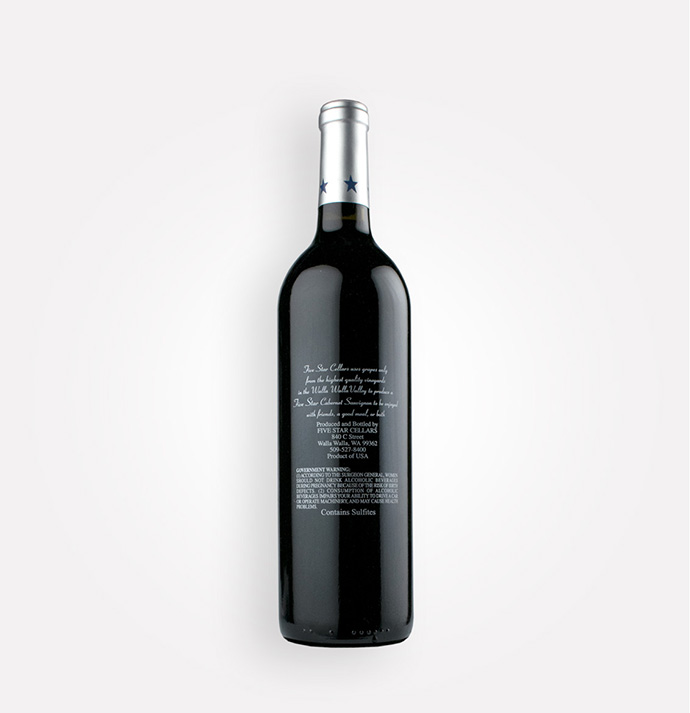 Back bottle view of Five Star Cellars 2016 Cabernet Sauvignon wine from Washington's Walla Walla Valley