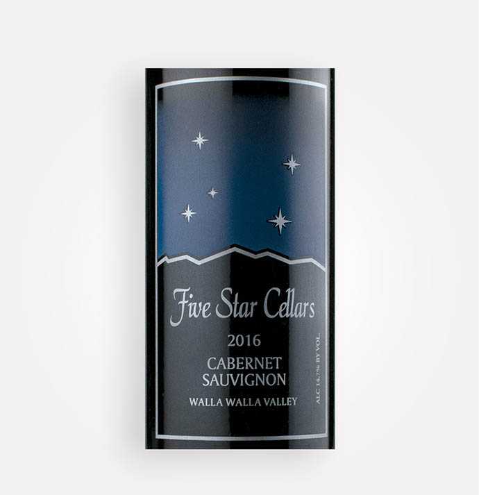 Front label close-up of Five Star Cellars 2016 Cabernet Sauvignon wine from Washington's Walla Walla Valley