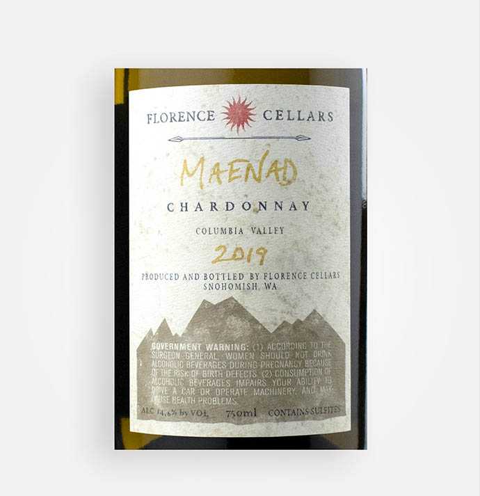 Back label close-up of Florence Cellars 2019 Maenad Chardonnay wine from Washington's Columbia Valley