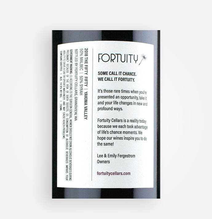 Back label close-up of Fortuity Cellars 2018 FIfty Fifty Malbec and Syrah red blend from Washington's Yakima Valley