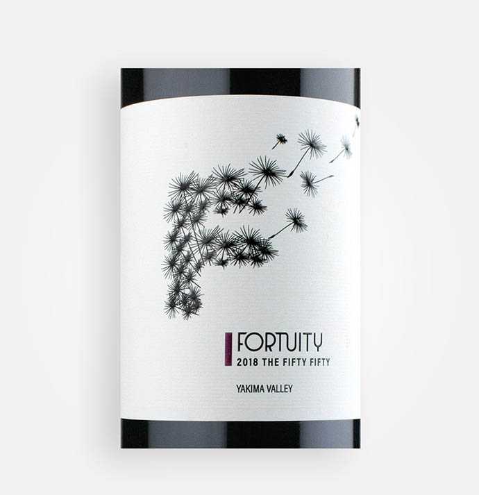 Front label close-up of Fortuity Cellars 2018 FIfty Fifty red wine blend from Washington's Yakima Valley