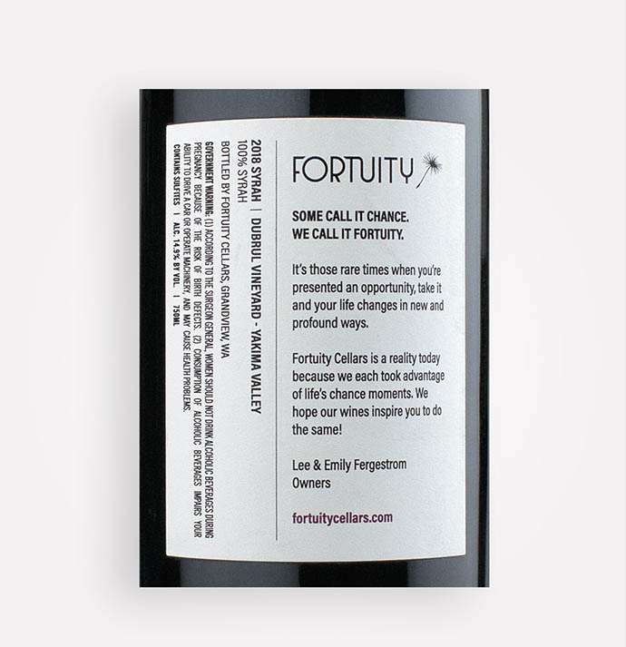 Back label close-up of Fortuity Cellars 2018 DuBrul Vineyard Syrah wine from Washington's Yakima Valley