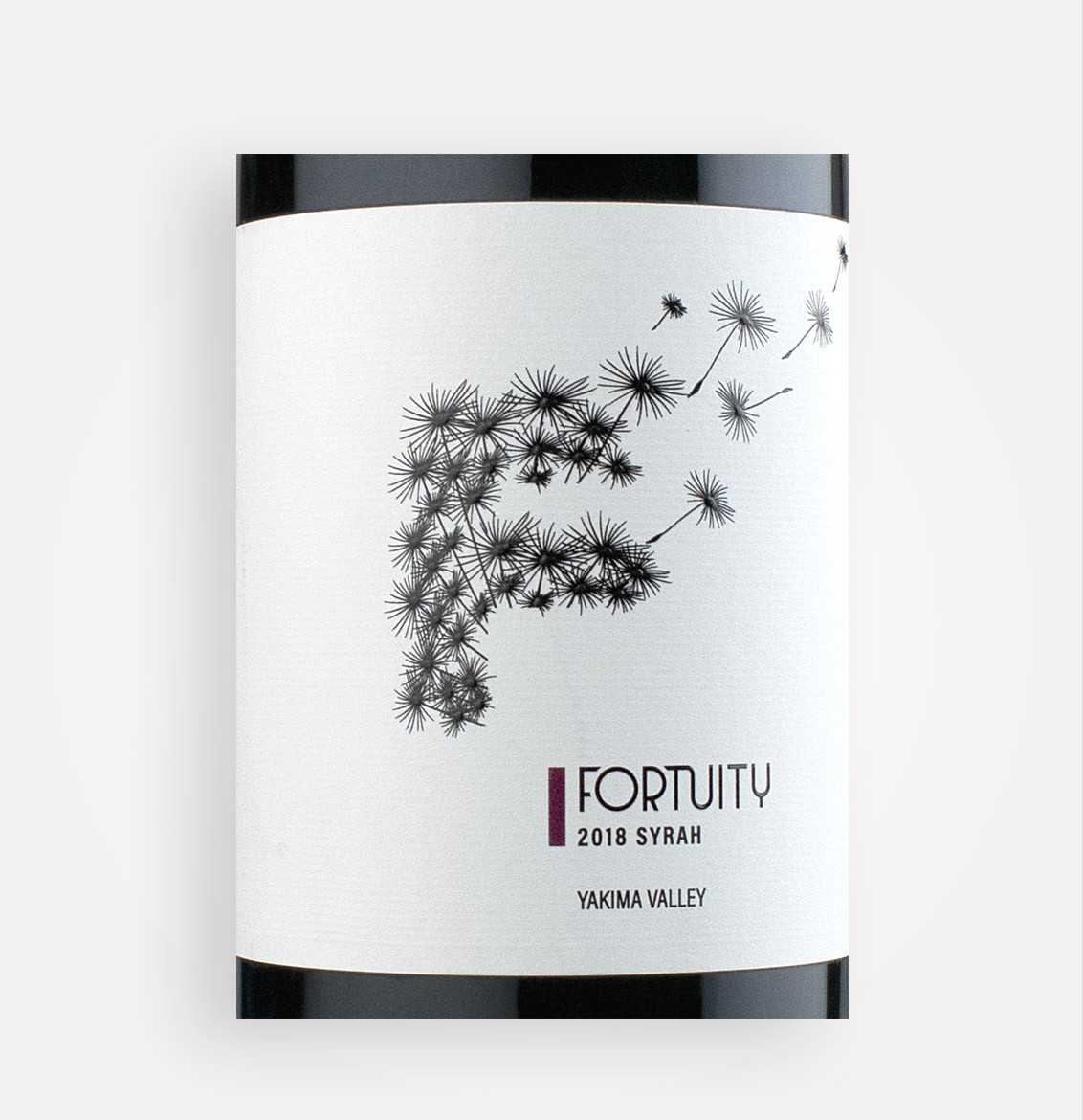 Front label close-up of Fortuity Cellars 2018 DuBrul Vineyard Syrah wine from Washington's Yakima Valley