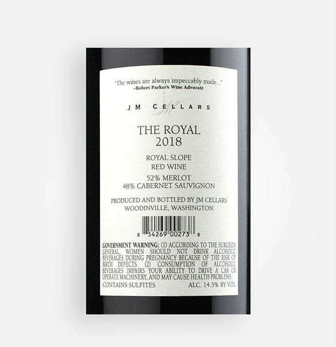 Back label close-up of JM Cellars 2018 The Royal red wine blend from Washington's Royal Slope AVA in the Columbia Valley