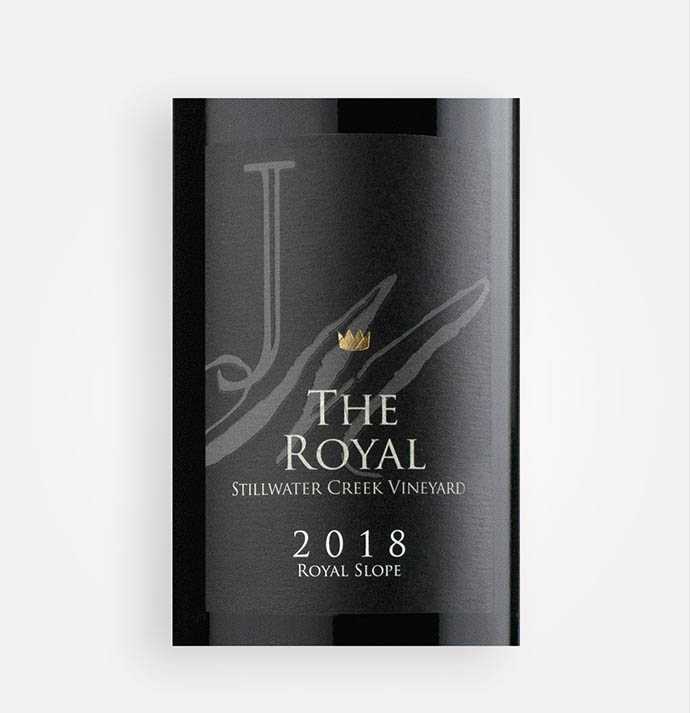 Front label close-up of JM Cellars 2018 The Royal red wine blend from Washington's Royal Slope AVA in the Columbia Valley