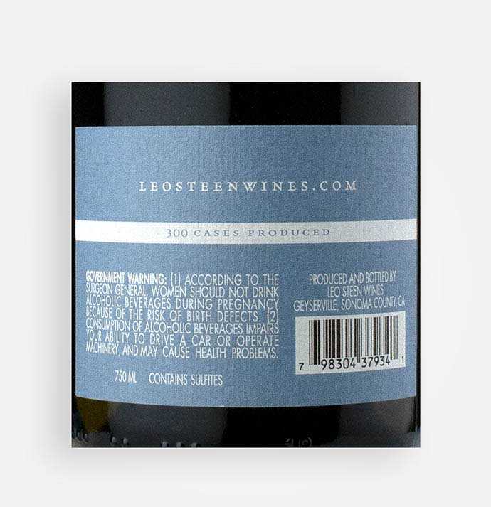 Back label close-up of Leo Steen 2018 Bruzzone Vineyard Chardonnay from California's Santa Cruz Mountains