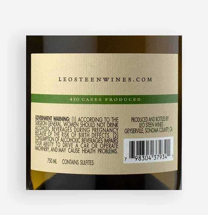 Back label close-up of Leo Steen 2020 Chenin Blanc wine from California’s Mendocino County