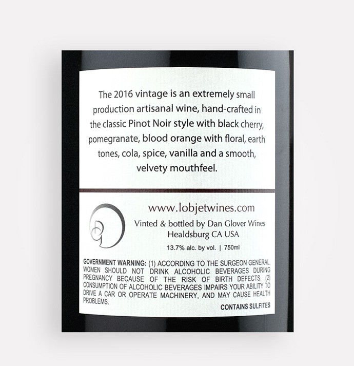 Back label close-up of L'Objet 2016 Oehlman Vineyard Pinot Noir wine from California’s Russian River Valley