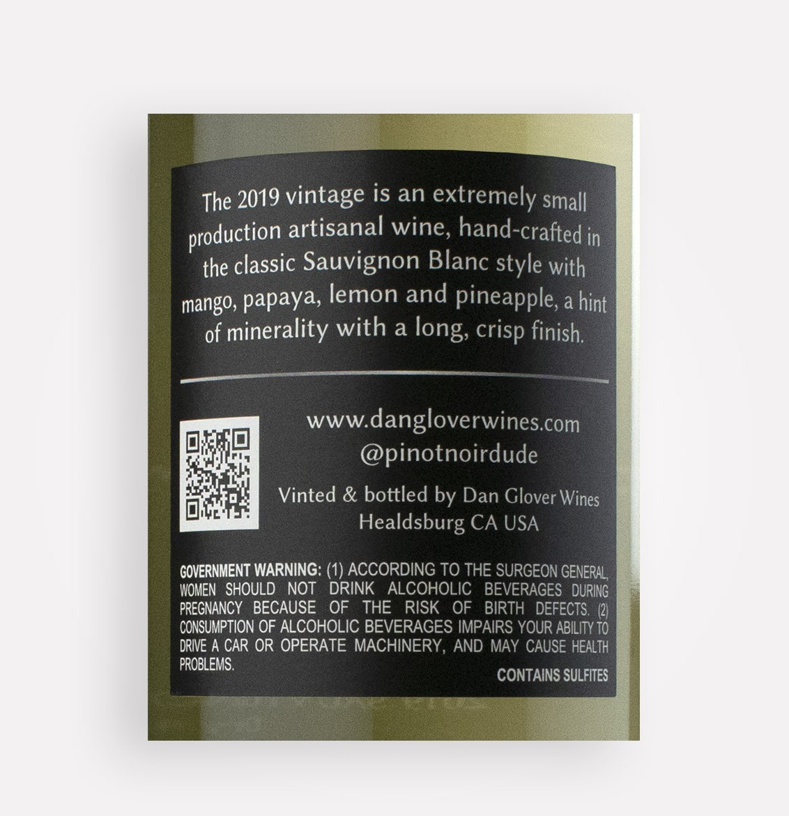 Back label close-up of L'Objet 2019 Comstock Vineyard Sauvignon Blanc wine from Sonoma California’s Dry Creek Valley