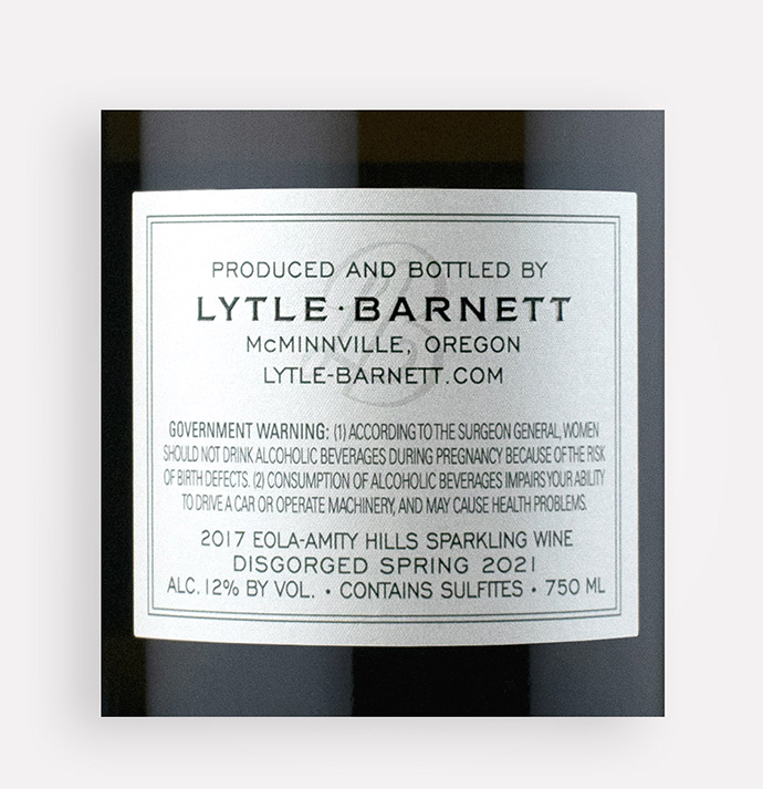 Back label close-up of Lytle-Barnett 2017 Blanc de Noirs sparkling Pinot Noir wine from Oregon's Willamette Valley