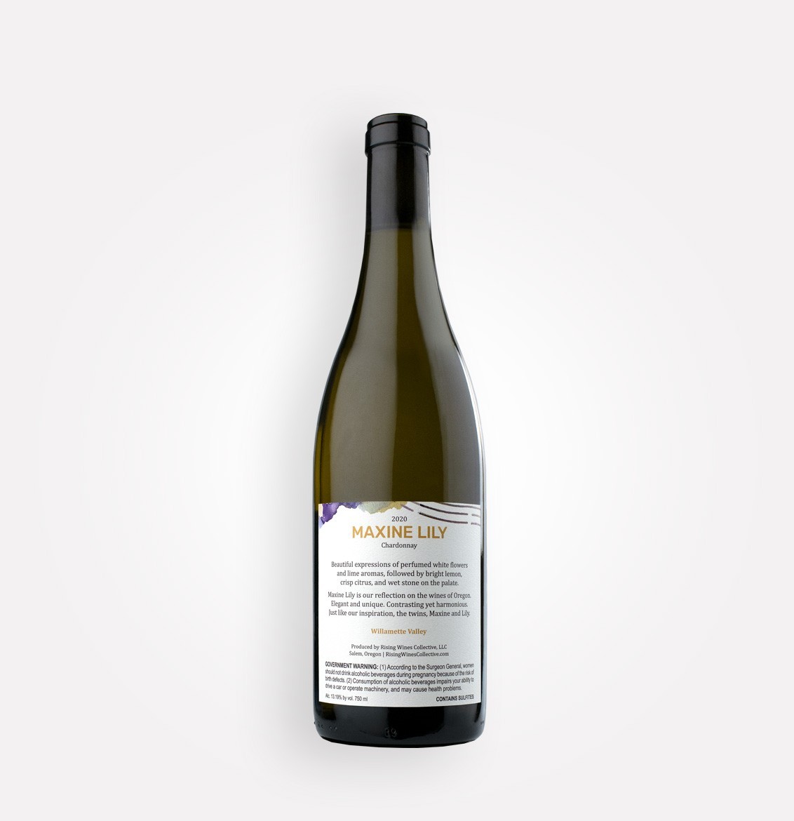 Back bottle view of Maxine Lily 2020 Chardonnay wine from Oregon's Willamette Valley