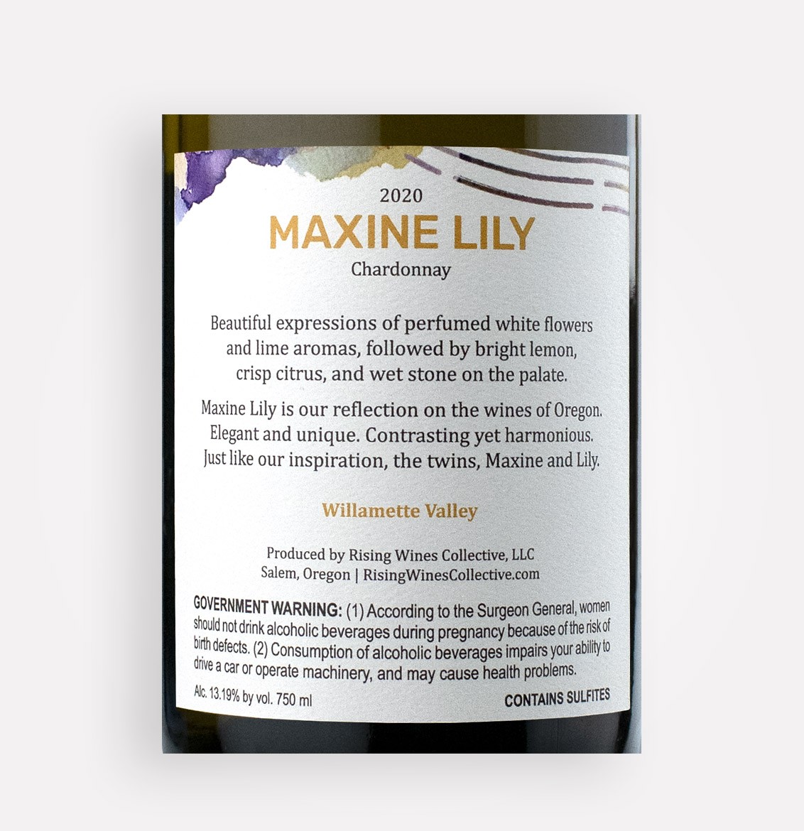 Back label close-up of Maxine Lily 2020 Chardonnay wine from Oregon's Willamette Valley