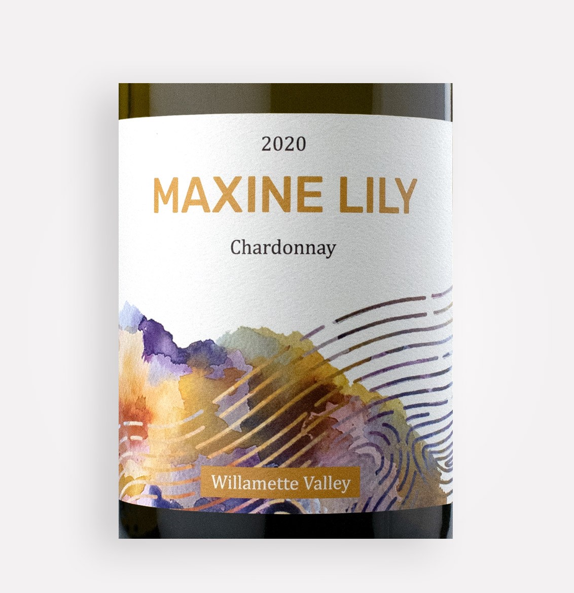Front label close-up of Maxine Lily 2020 Chardonnay wine from Oregon's Willamette Valley