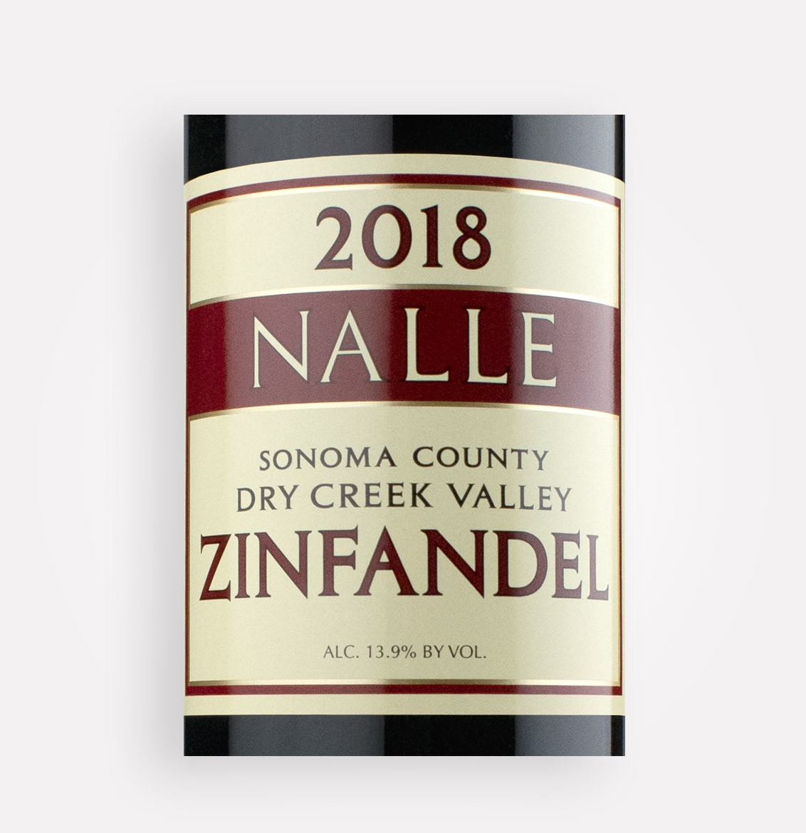 Front label close-up of Nalle Winery 2018 Dry Creek Valley Classic Zinfandel wine from California's Sonoma County