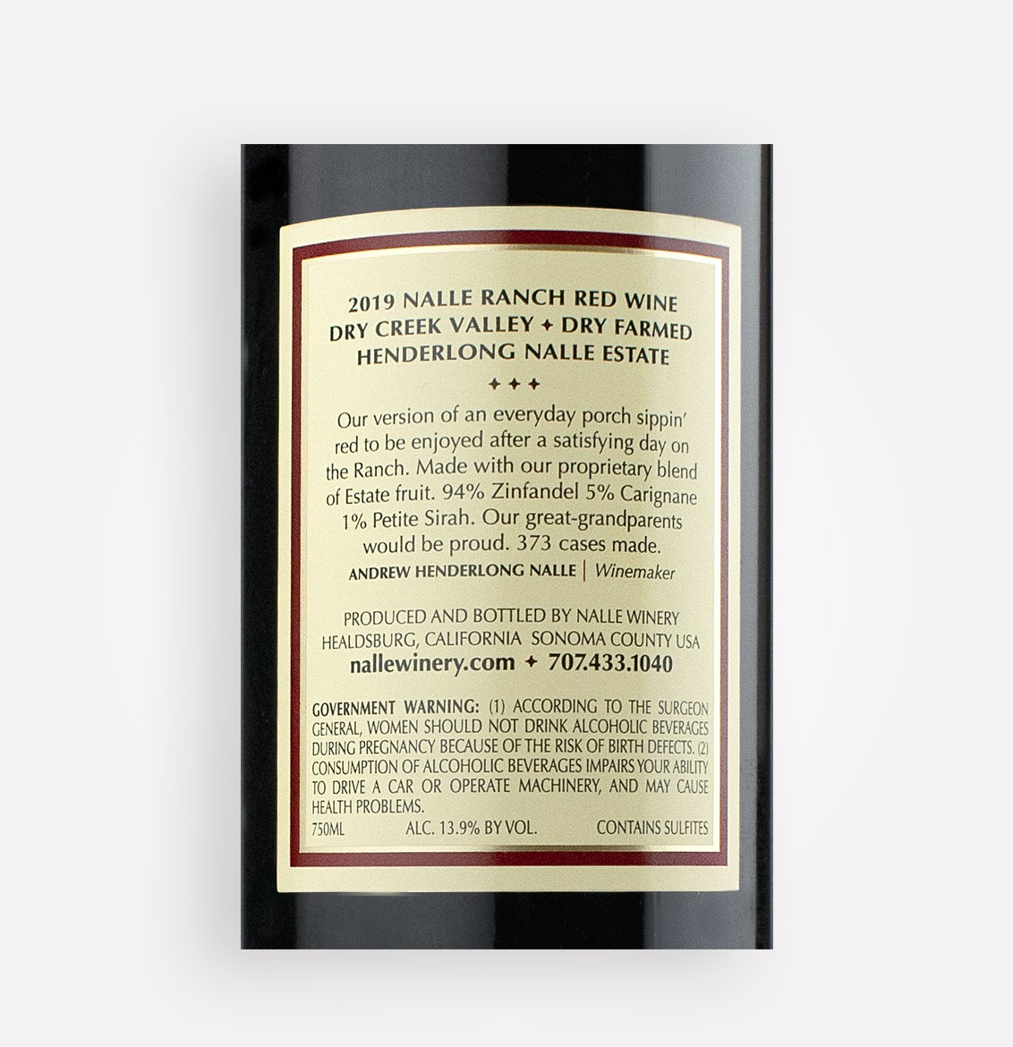 Back label close-up of Nalle Winery 2019 Estate Ranch Red wine made with Zinfandel, Carignane and Petite Sirah from California