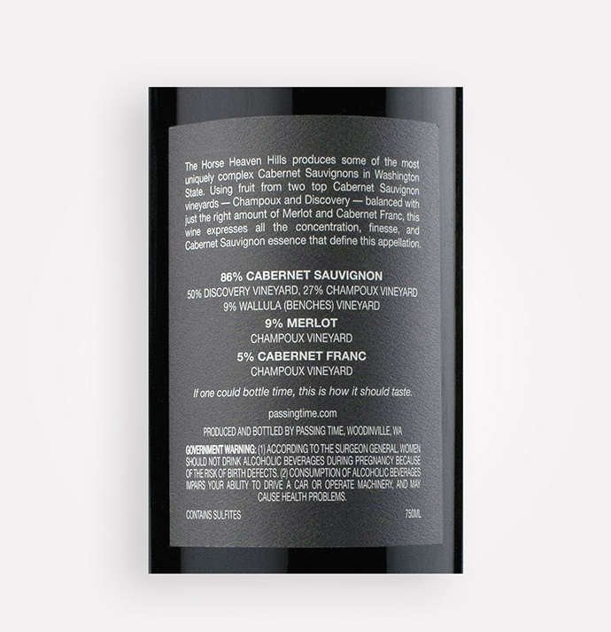 Back label close-up of Passing Time 2018 Cabernet Sauvignon wine from Washington's Horse Heaven Hills