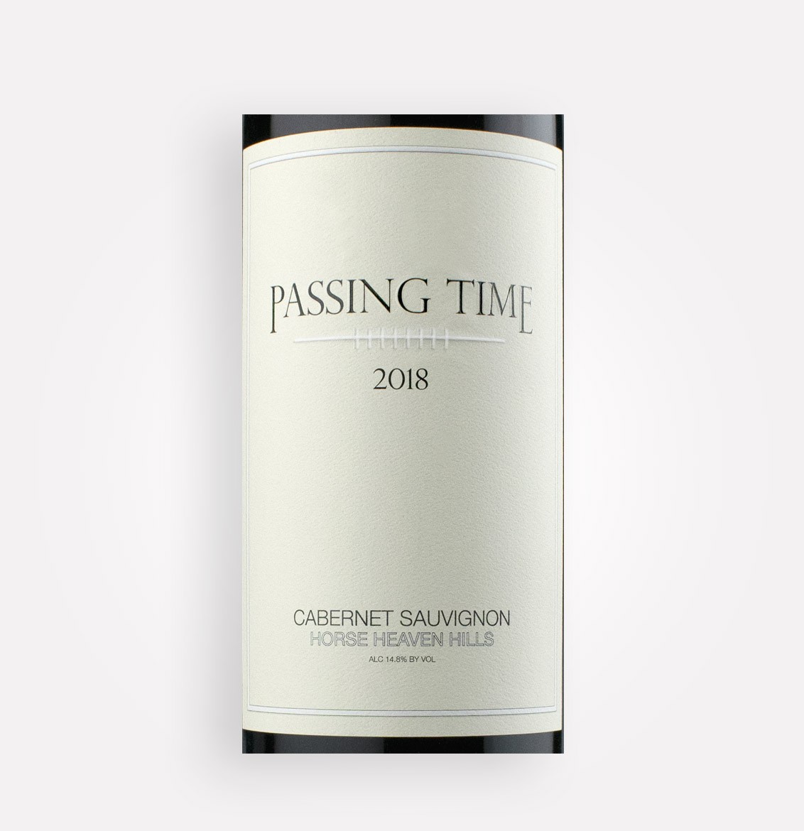 Front label close-up of Passing Time 2018 Cabernet Sauvignon wine from Washington's Horse Heaven Hills