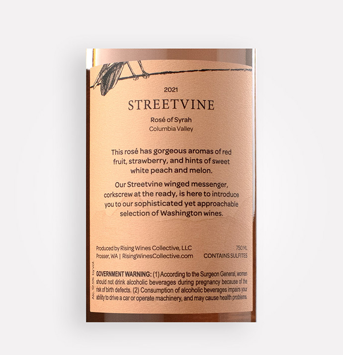 Back label close-up of Streetvine 2021 Rosé of Syrah wine from Washington's Columbia Valley