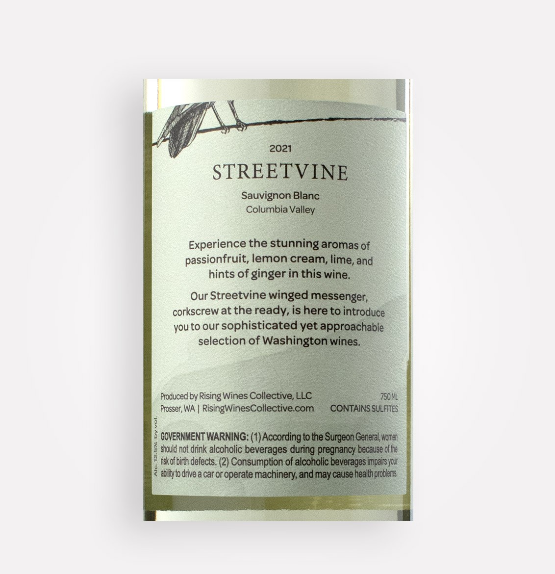 Back label close-up of Streetvine 2021 Sauvignon Blanc wine from Washington's Columbia Valley