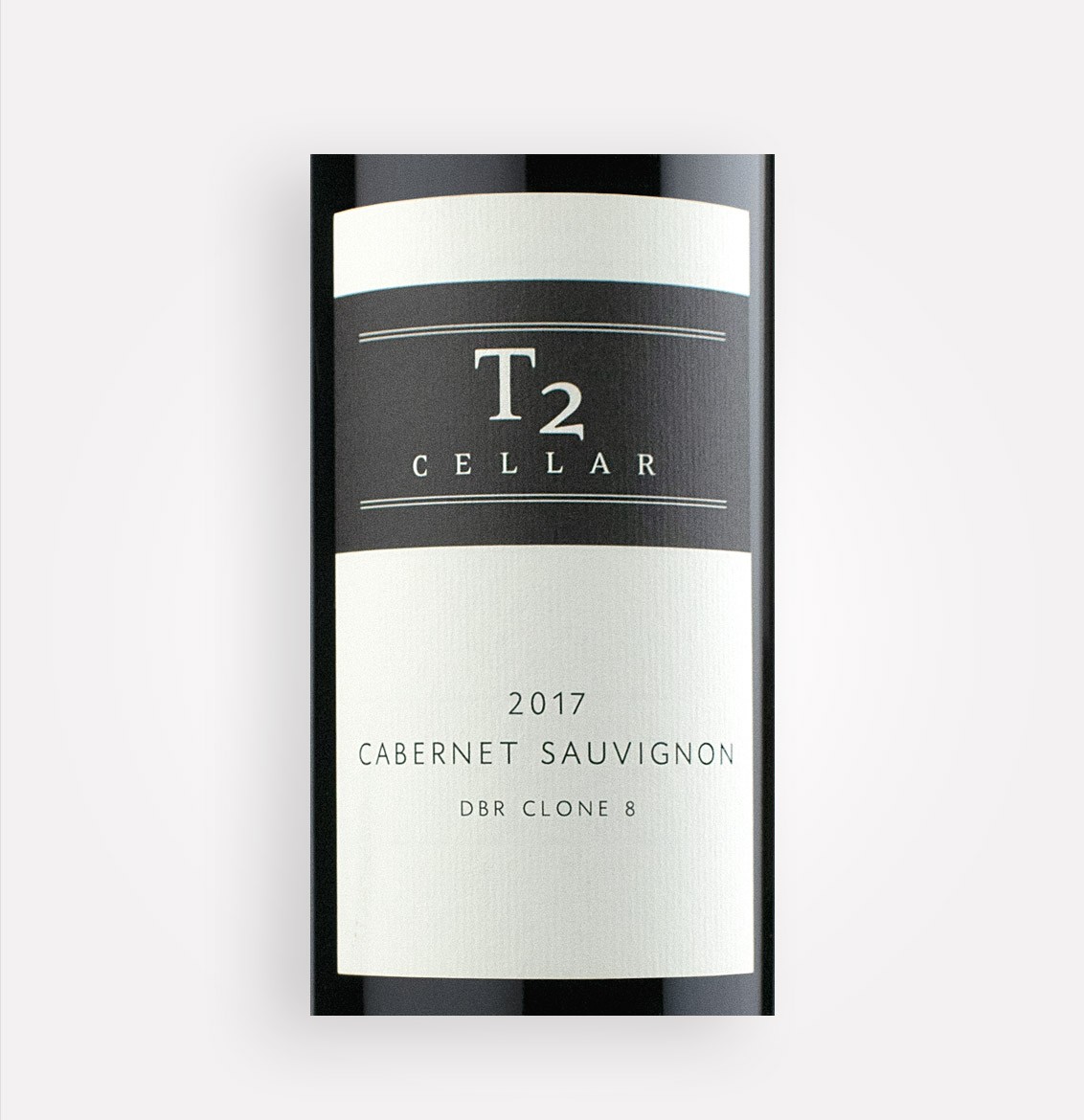 Front label close-up of T2 Cellar 2017 Cabernet Sauvignon DBR Clone 8 wine from Washington's Rattlesnake Hills