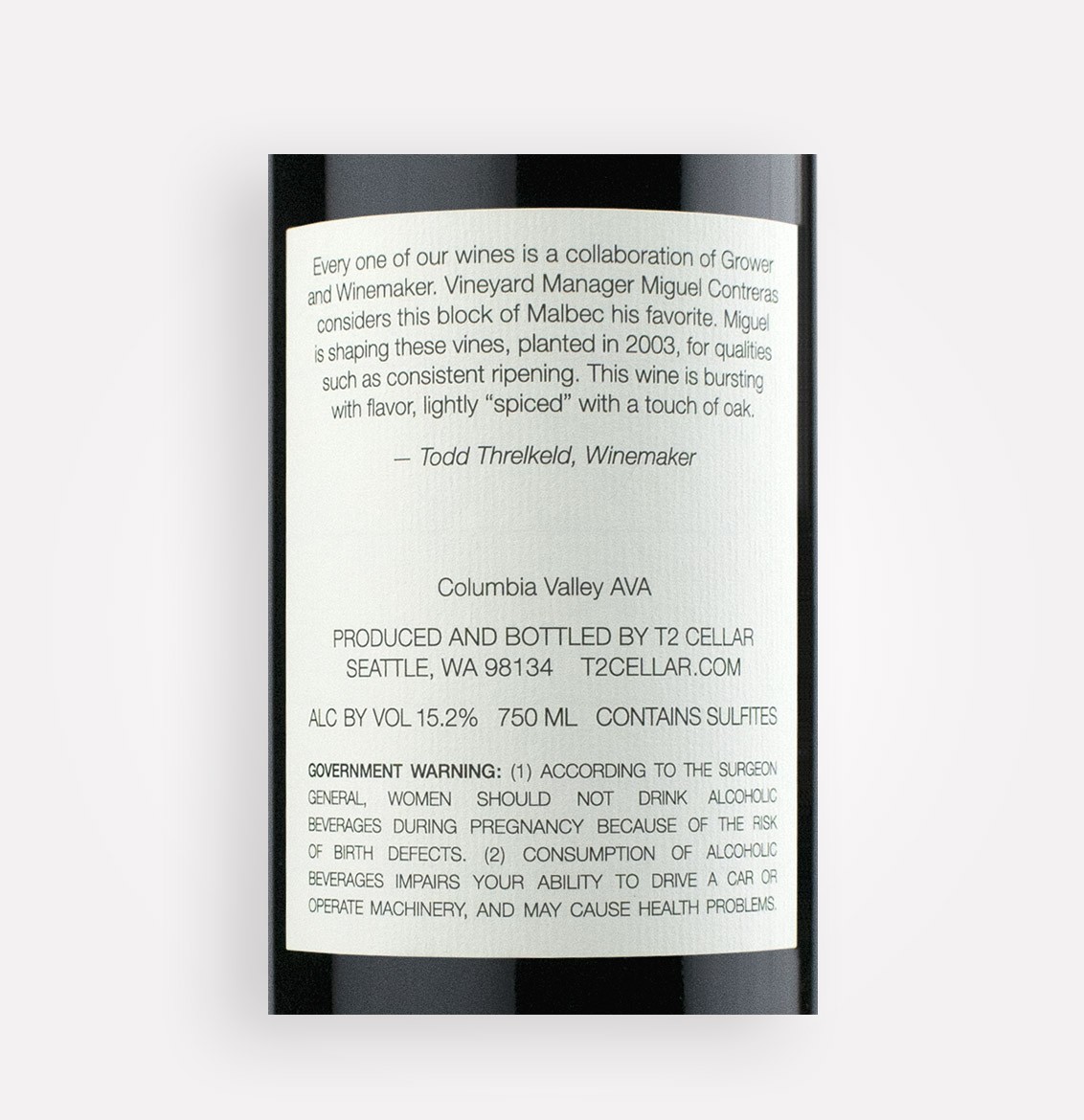 Back label close-up of T2 Cellar 2017 Malbec wine from Washington's Columbia Valley