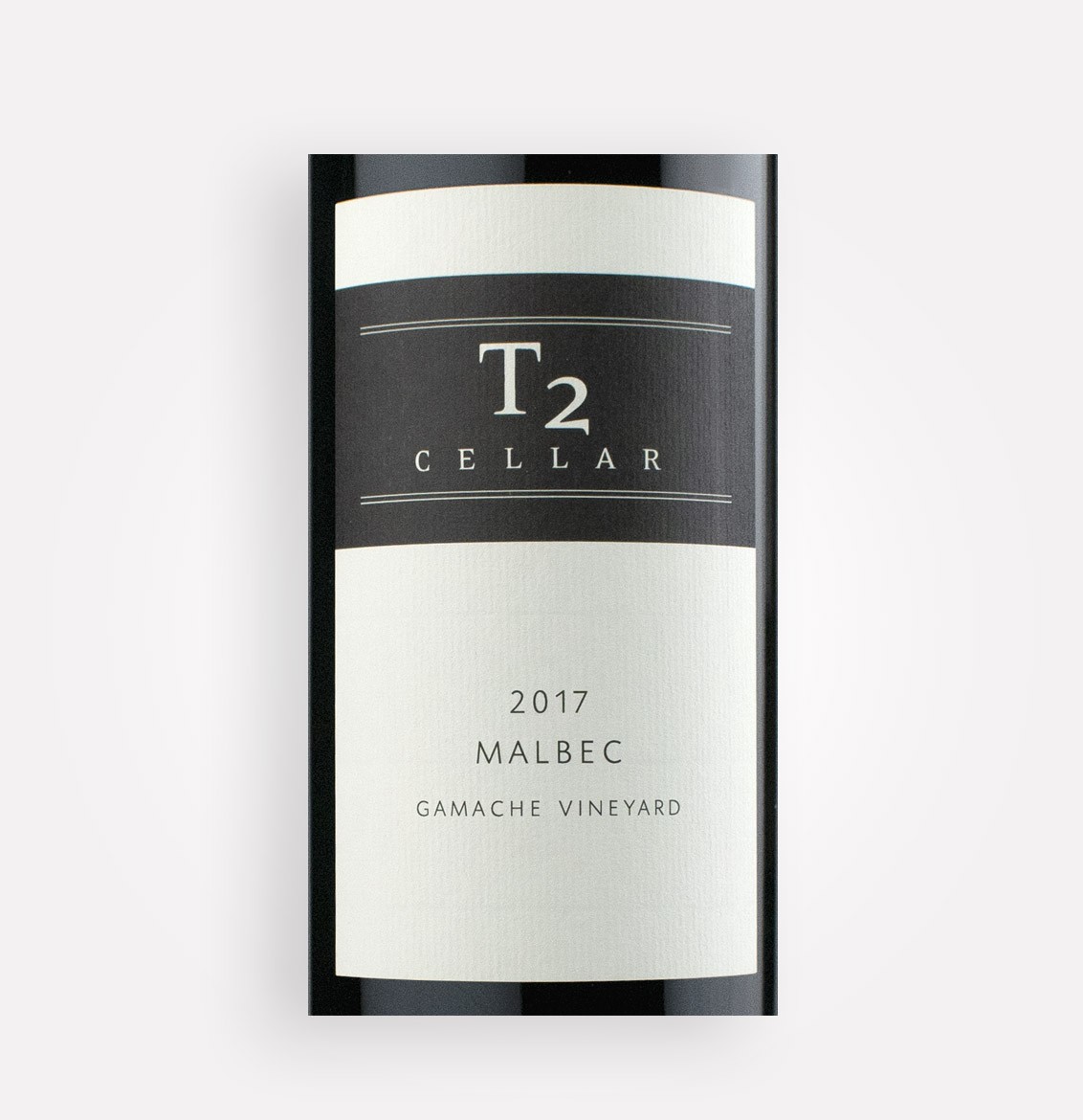 Front label close-up of T2 Cellar 2017 Malbec wine from Washington's Columbia Valley