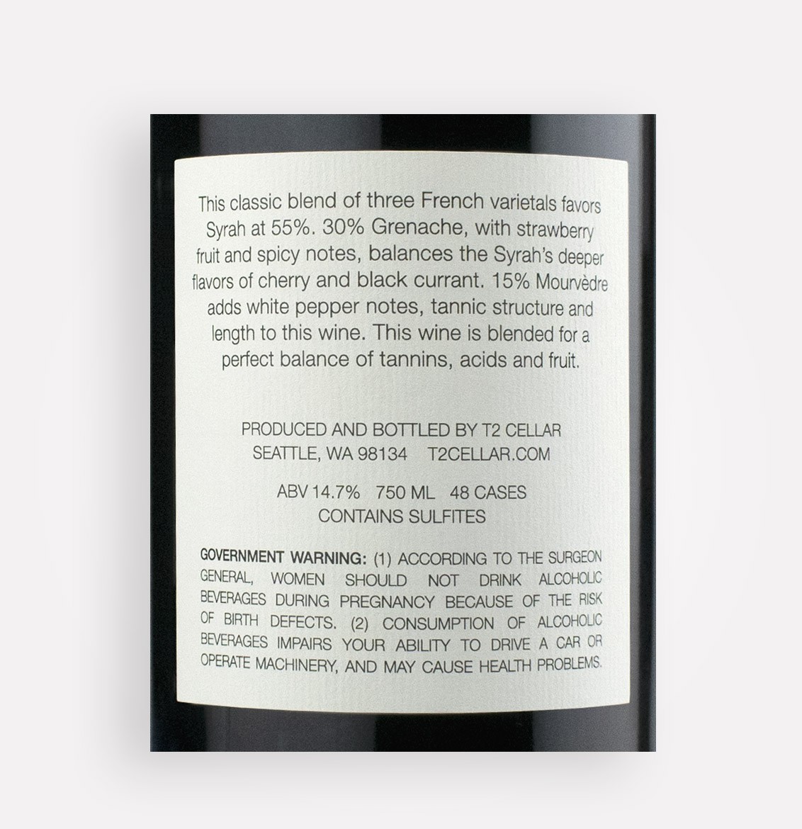 Back label close-up of T2 Cellar 2018 GSM, a Syrah, Grenache, and Mourvédré wine blend from Washington's Columbia Valley