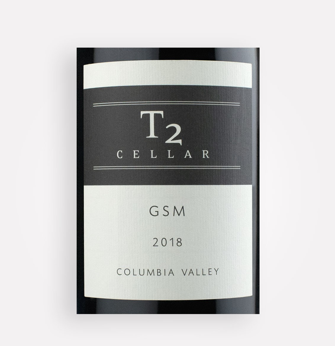 Front label close-up of T2 Cellar 2018 GSM, a Syrah, Grenache, and Mourvédré wine blend from Washington's Columbia Valley