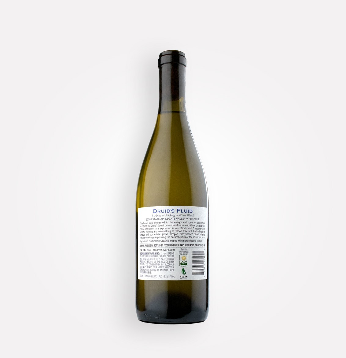 Back bottle view of Troon Vineyard 2020 Druid's Fluid white wine blend from Oregon's Applegate Valley