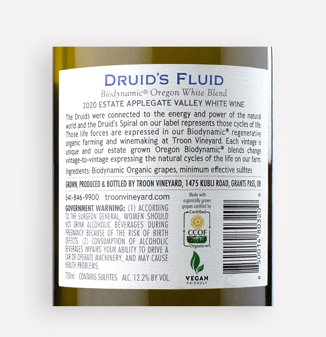 Back label close-up of Troon Vineyard 2020 Druid's Fluid white wine blend from Oregon's Applegate Valley