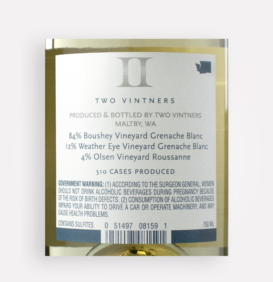 Back label close-up of Two Vintners 2020 Grenache Blanc white wine from Boushey Vineyard in Washington's Yakima Valley