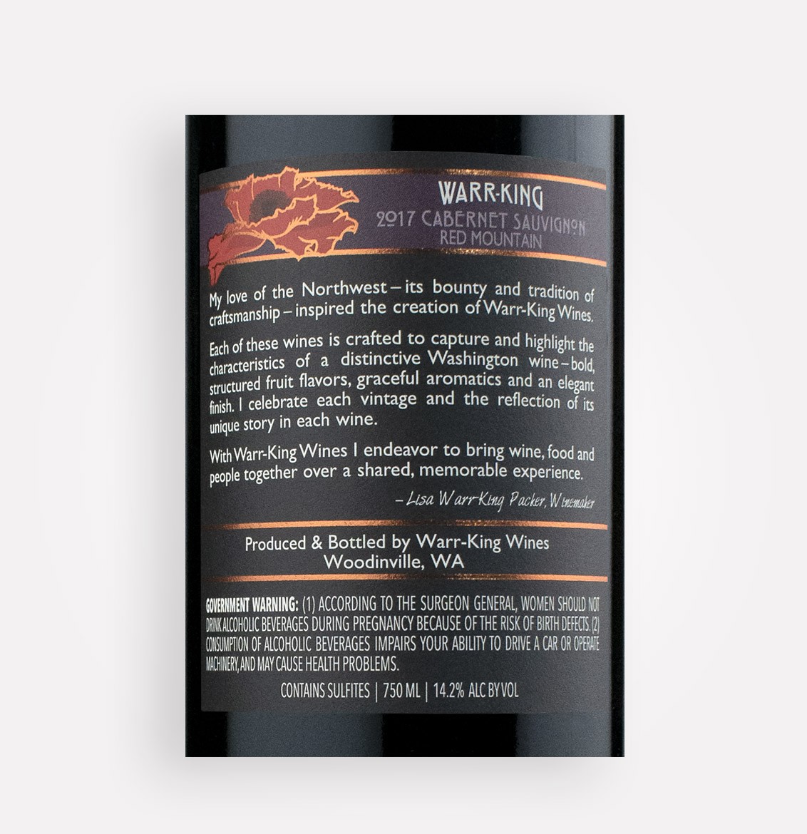 Back label close-up of Warr-King 2017 Cabernet Sauvignon wine from Washington's Red Mountain