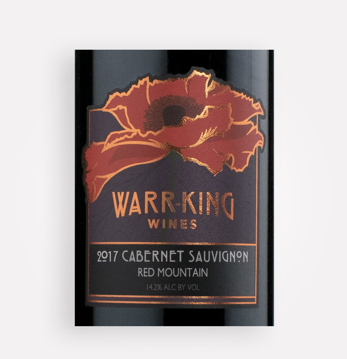 Front label close-up of Warr-King 2017 Cabernet Sauvignon wine from Washington's Red Mountain