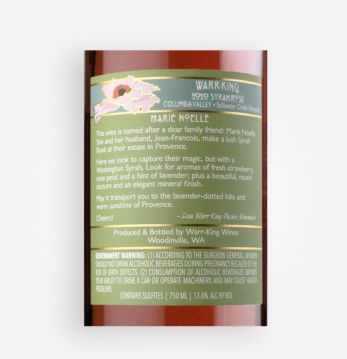 Back label close-up of Warr-King 2020 Marie Noelle Syrah Rosé wine from Washington's Columbia Valley